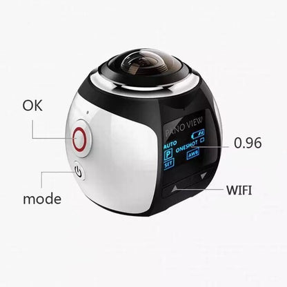 Compact black and white 360-degree digital VR camera with fisheye lens, display screen, and labeled buttons