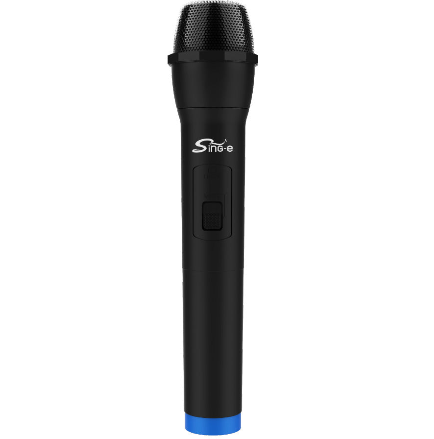 Black handheld Sing-e wireless microphone with blue base and on/off switch