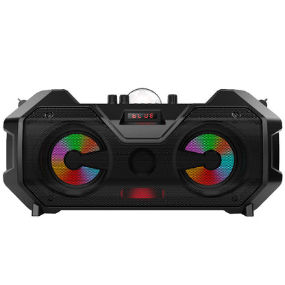 Black portable Bluetooth karaoke speaker with dual colorful LED lights and digital display
