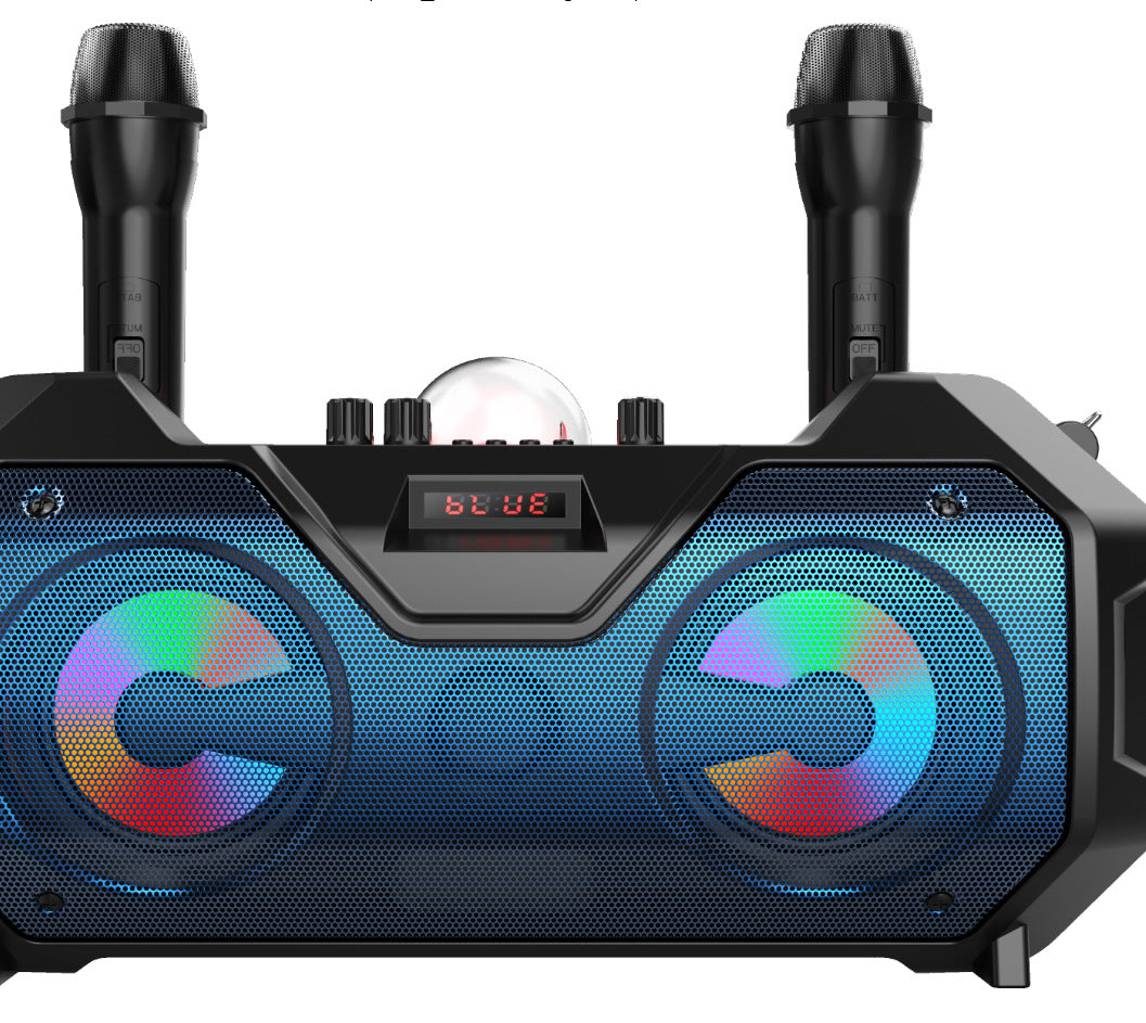 Portable karaoke speaker with dual microphones and colorful LED light ring on two speakers