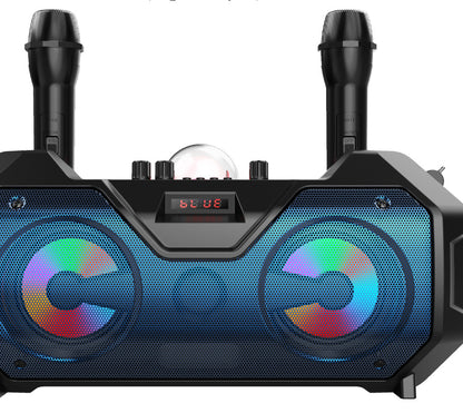 Portable karaoke speaker with dual microphones and colorful LED light ring on two speakers