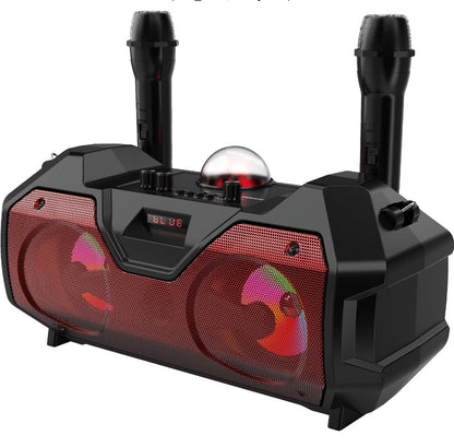 Black portable karaoke Bluetooth speaker with dual microphones and red-lit speaker grills