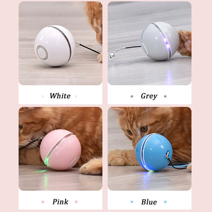 USB rechargeable smart cat ball toy with LED lights in white, grey, pink, and blue, shown with cat