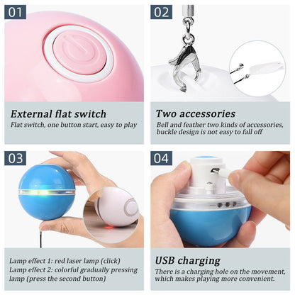 Blue USB rechargeable smart cat ball toy with external switch, laser, accessories, and charging port