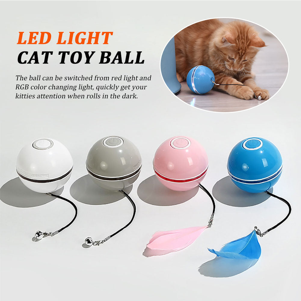 LED light cat toy balls in white, gray, pink, and blue with feather and bell attachments, cat playing