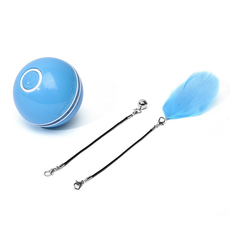 Blue USB rechargeable smart cat ball toy with detachable feather and bell wand accessories