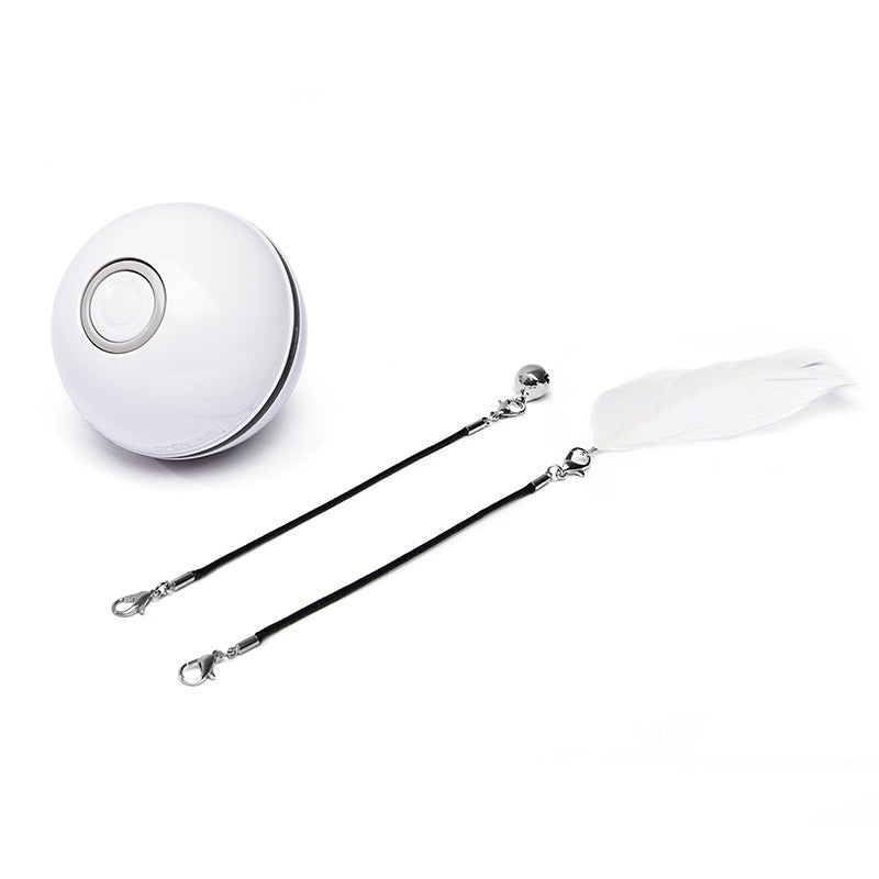 White USB rechargeable smart cat ball toy with two black feather and bell attachments on white background