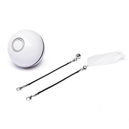 White USB rechargeable smart cat ball toy with two black feather and bell attachments on white background