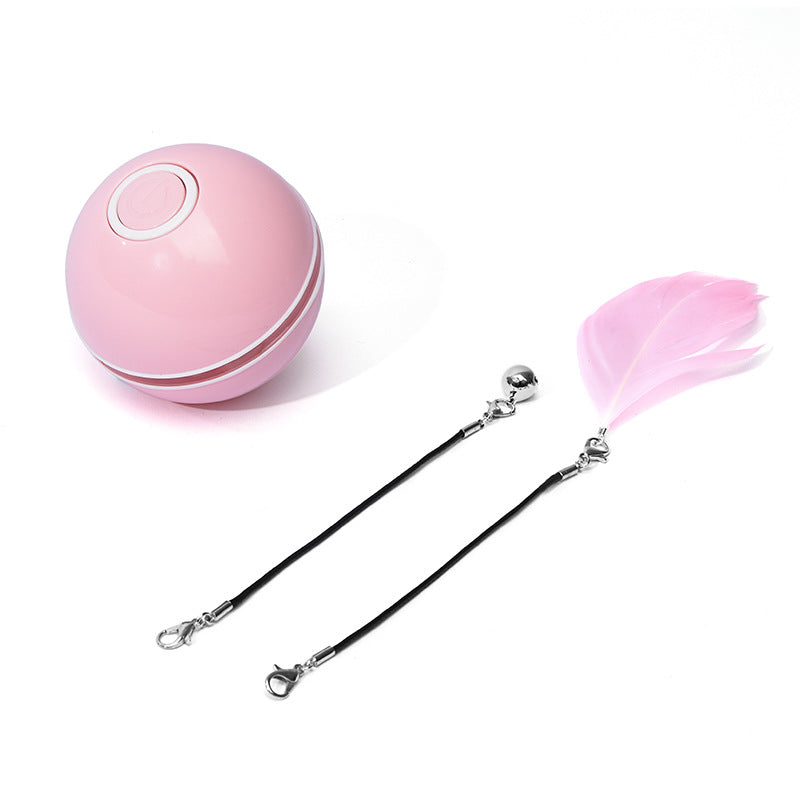 pink round cat toy ball with power button and two detachable feather and bell wand attachments