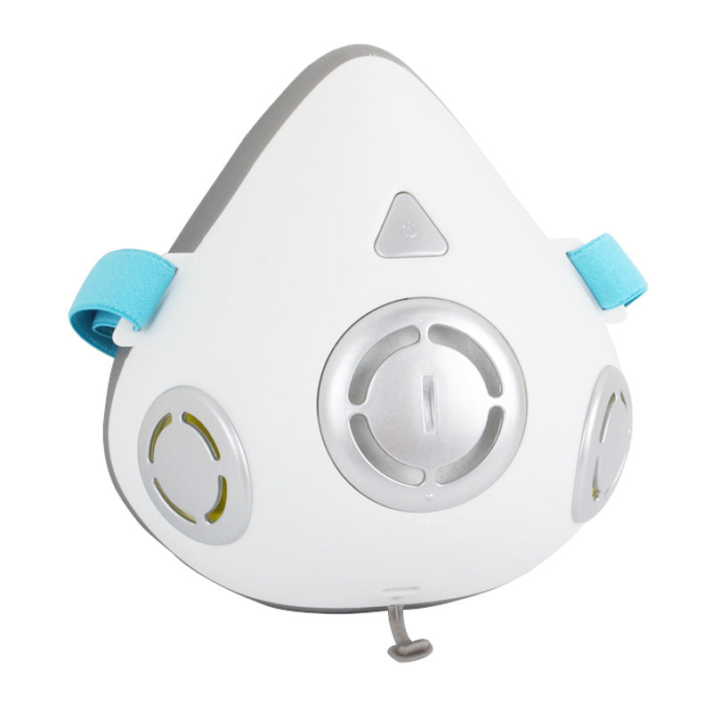 White electric face mask with central breather valve, blue adjustable straps, and power button