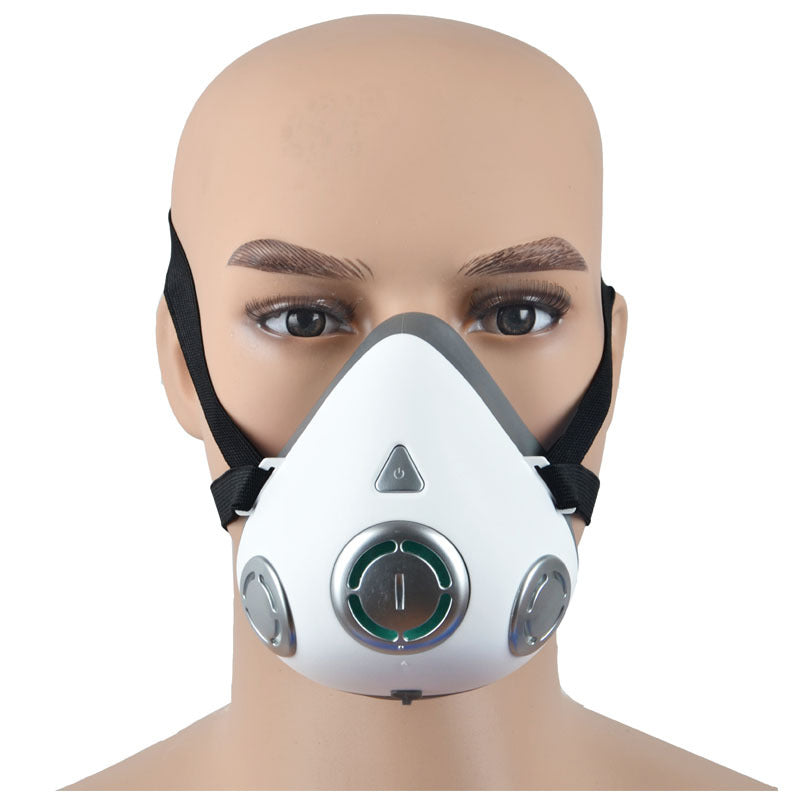 Front view of Trendoligy white electric breathing mask with valve and black straps on mannequin