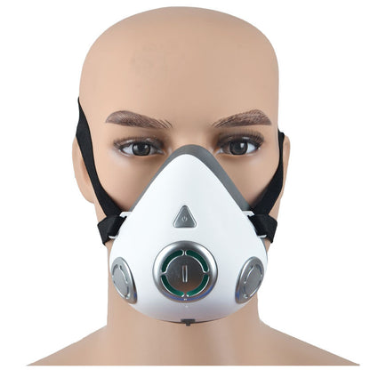 Front view of Trendoligy white electric breathing mask with valve and black straps on mannequin