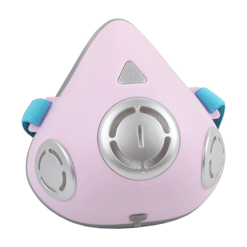 pink electric face mask with silver breather valves and blue adjustable straps