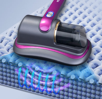 Purple and black wireless mite vacuum cleaner with UV sterilization on a woven surface