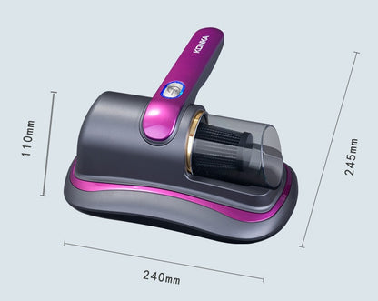Purple and gray handheld vacuum cleaner with filter and dimensions 110x240x245mm