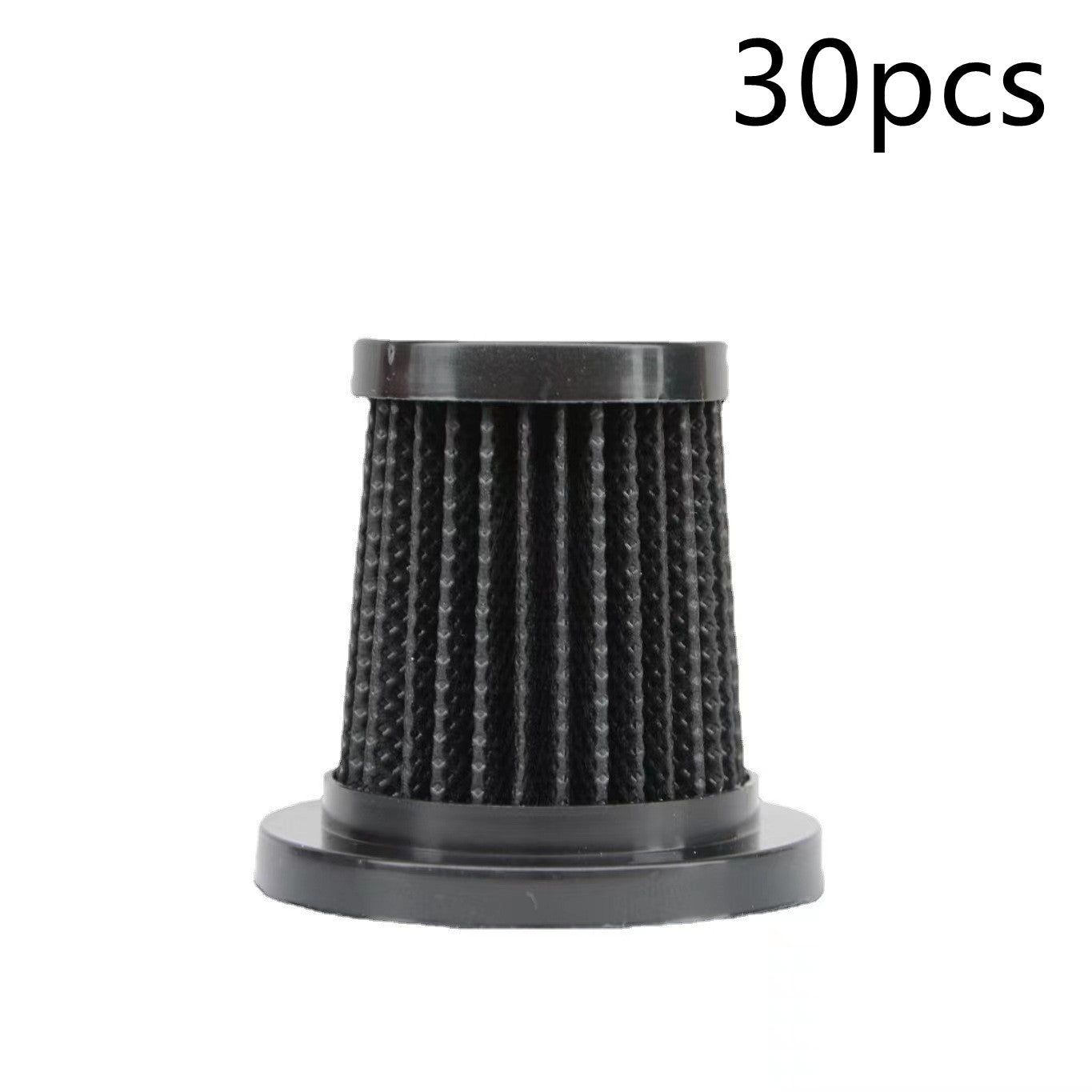 Black cylindrical air filter cartridge with pleated surface on white background