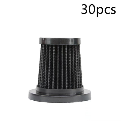 Black cylindrical air filter cartridge with pleated surface on white background