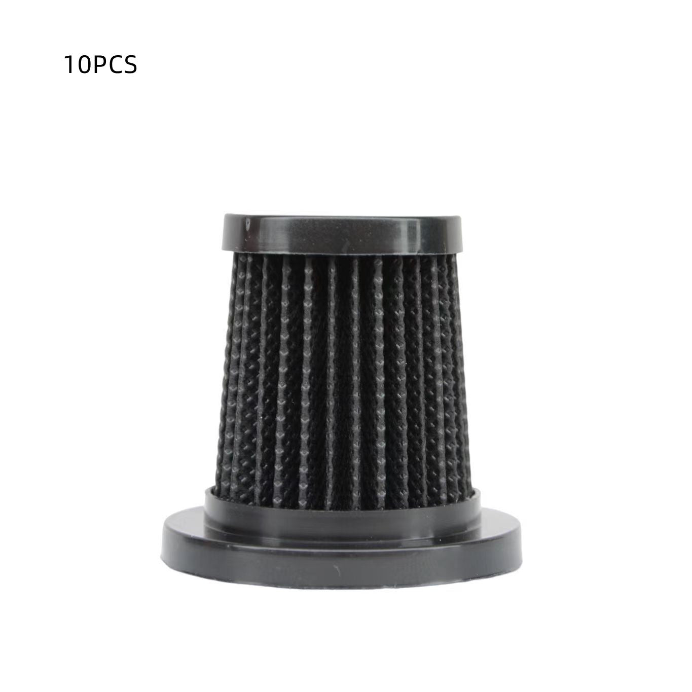 Black cylindrical vacuum cleaner filter with pleated design on white background