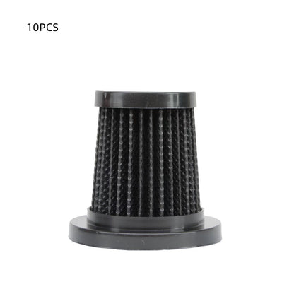 Black cylindrical vacuum cleaner filter with pleated design on white background
