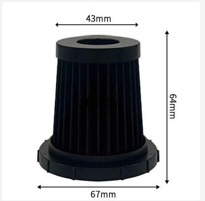 black cylindrical vacuum cleaner filter with dimensions 43mm top, 64mm height, 67mm base