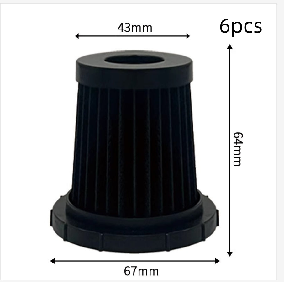 Black cylindrical vacuum cleaner filter with 43mm top, 67mm base diameter, 64mm height, pack of 6 pieces