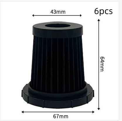 Black cylindrical vacuum cleaner filter with 43mm top, 67mm base diameter, 64mm height, pack of 6 pieces