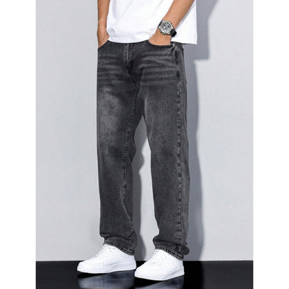 Men's black washed straight leg jeans with loose fit, paired with white sneakers and white t-shirt