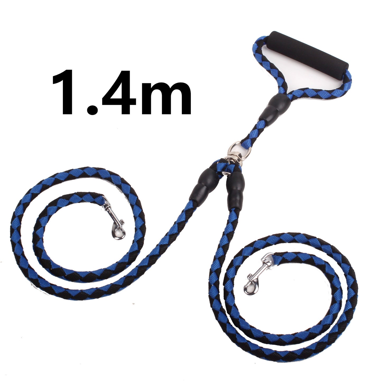 1.4m blue and black double dog leash with padded handle and metal clips for safe walking