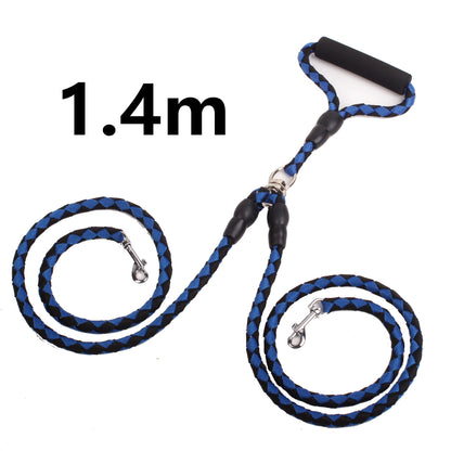 1.4m blue and black double dog leash with padded handle and metal clips for safe walking