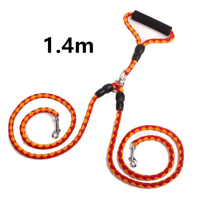 1.4m double dog leash in orange and red braided rope with padded handle and metal clips