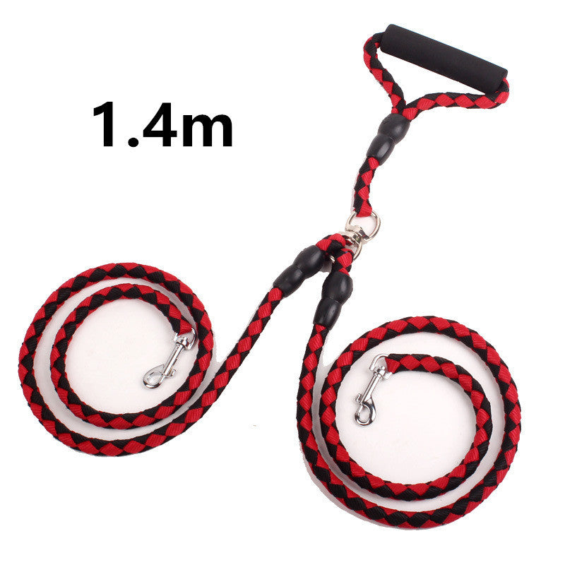 1.4m black and red double dog leash with padded handle and metal clips on white background
