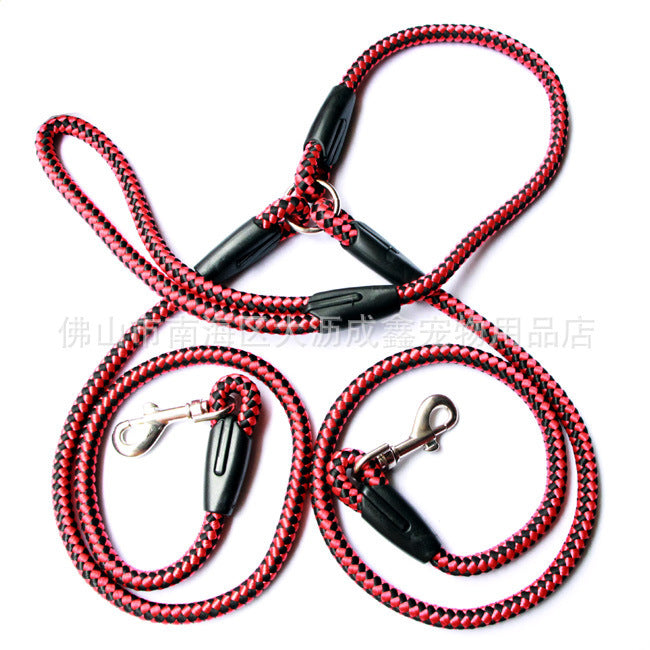 Heavy duty double dog leash with red and black reflective braided rope and metal clips