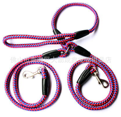 Double dog leash in blue and red braided rope with metal clips and black plastic connectors