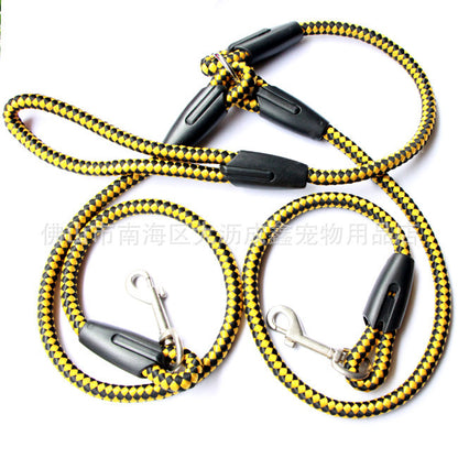 Heavy-duty double dog leash with yellow and black reflective rope and metal clasps on white background