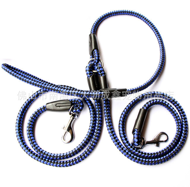 Blue and black heavy duty double dog leash with padded handle and metal clasps on white background