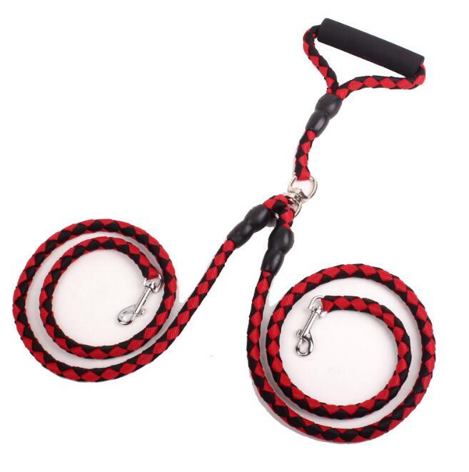 Double dog leash in red and black braided rope with padded handle and metal clips