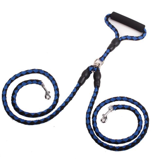 Double dog leash with heavy-duty black and blue reflective rope and padded handle for safe walks