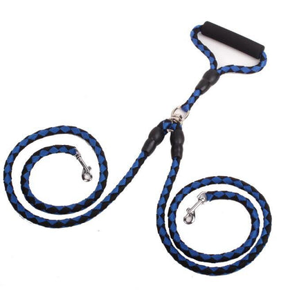 Double dog leash with heavy-duty black and blue reflective rope and padded handle for safe walks