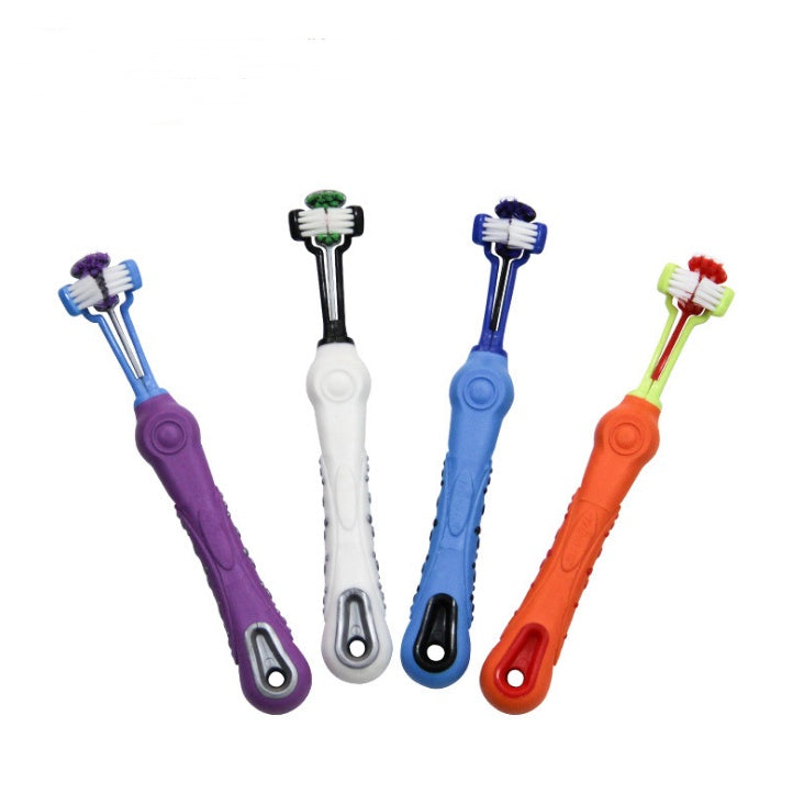 Four colorful three-sided pet toothbrushes with ergonomic handles for dog dental care