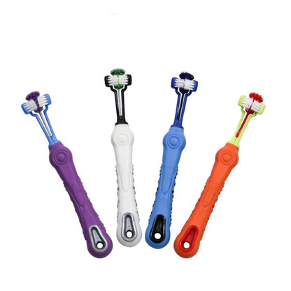 Four colorful three-sided pet toothbrushes with ergonomic handles for dog dental care