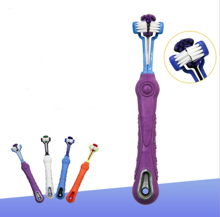 Purple three-sided pet toothbrush with bristles and ergonomic handle, shown with white, blue, orange versions