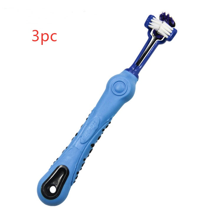Blue three-sided dog toothbrush with ergonomic handle for pet dental care and tartar control