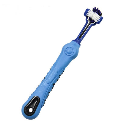 Blue three-sided pet toothbrush with ergonomic handle for dog dental care and tartar control