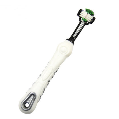 Three-sided pet toothbrush with white handle and black brush head for dog dental care
