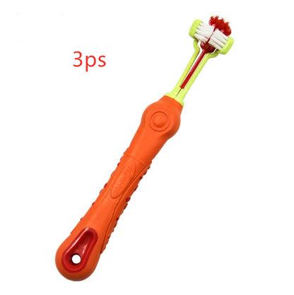 Orange three-sided pet toothbrush with white and red bristles for dog dental care