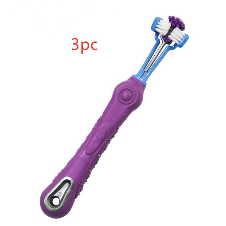 Purple and blue three-sided pet toothbrush for dog dental care with tartar control bristles