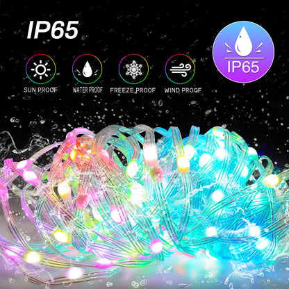 Waterproof IP65 RGB LED string lights glowing with water splashes, sun, freeze, and wind proof icons