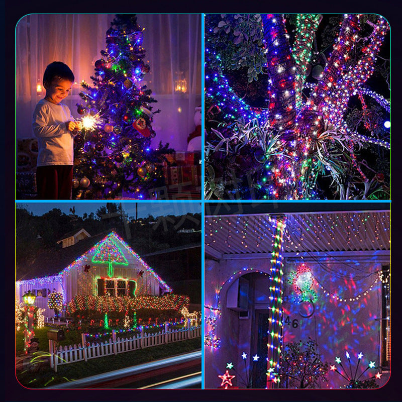 Christmas decorations featuring colorful LED string lights on tree, house, and outdoor porch at night