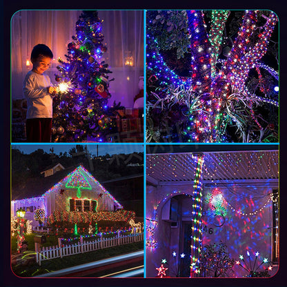 Christmas decorations featuring colorful LED string lights on tree, house, and outdoor porch at night