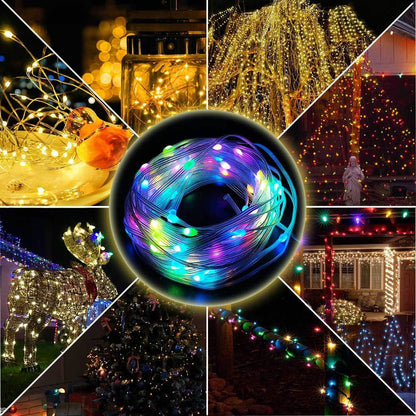 Collage of Christmas LED string lights in warm white, colorful, and multicolor decorating trees, a reindeer, house, and jar at night